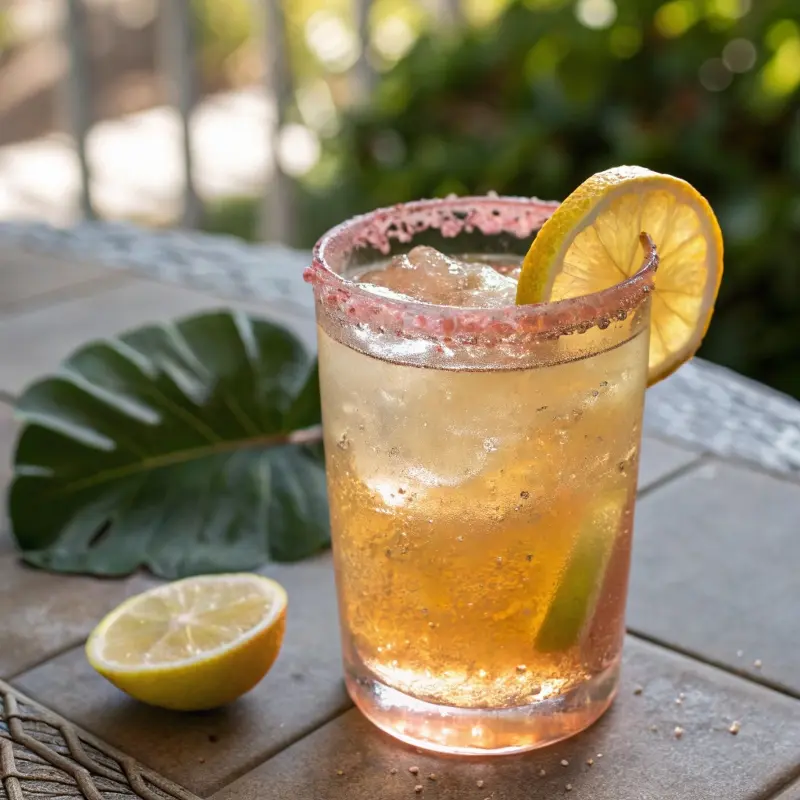 Pink salt rimmed electrolyte drink served cold