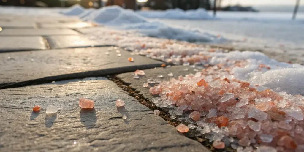 Pink Himalayan salt sprinkled on icy walkway