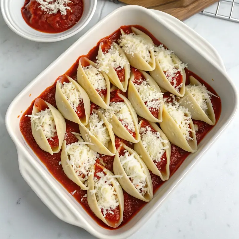 Beef-Stuffed Shells with Creamy Ricotta Filling in sauce before baking