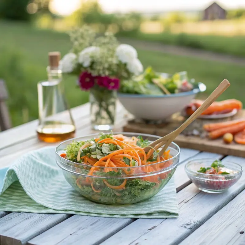 Ribbon carrot salad on picnic table
