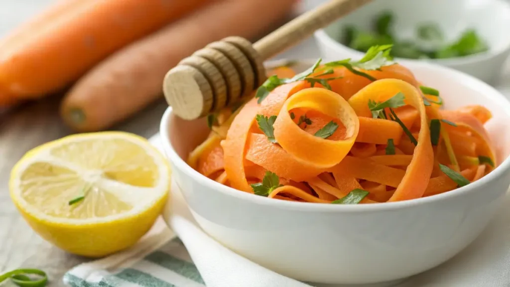 Fresh ribbon carrot salad with honey, lemon, and herbs