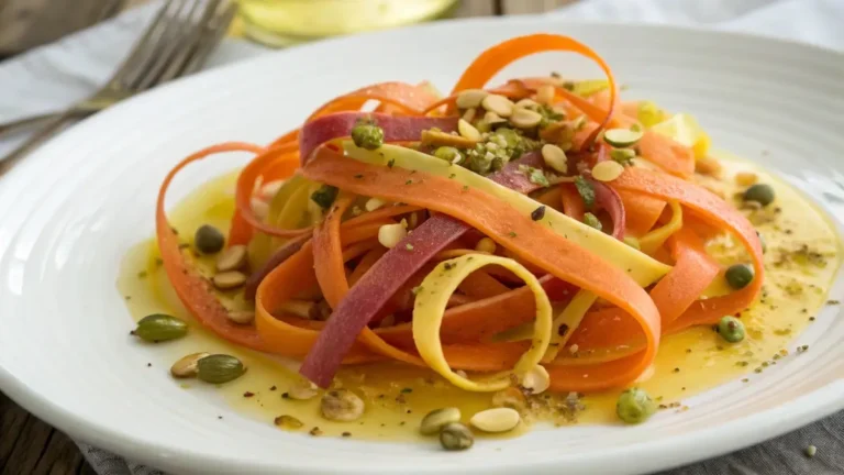 Bright ribbon carrot salad with lemon honey dressing