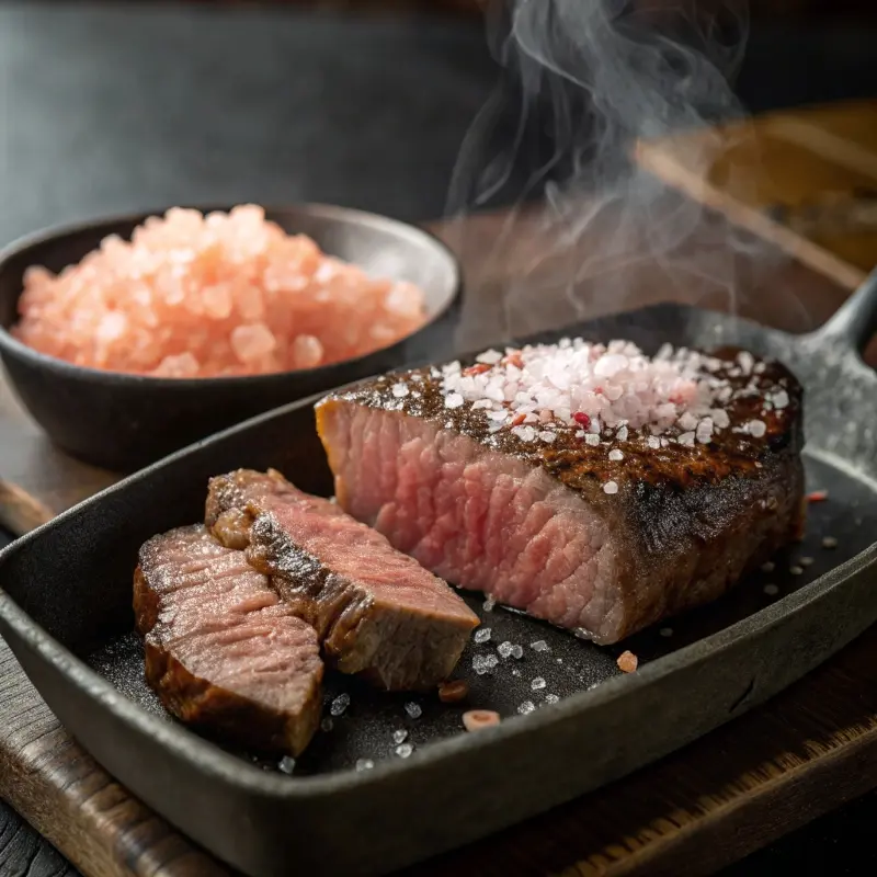 Steak half seasoned with Celtic salt half with Himalayan