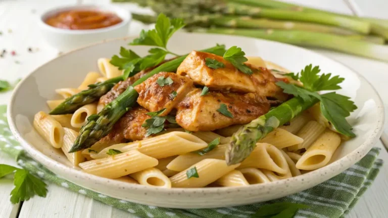Sweet and spicy chicken with asparagus pasta plated