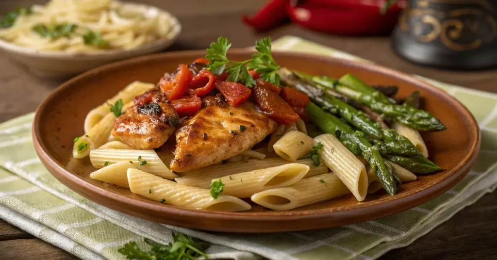 Sweet and spicy honey pepper chicken with pasta and asparagus