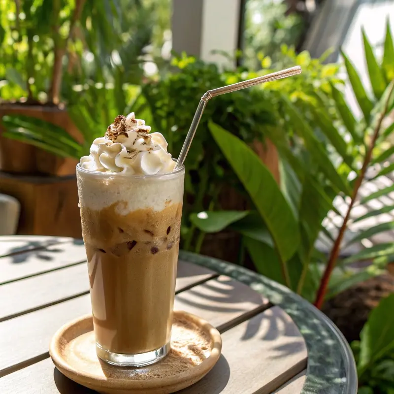 Served vegan iced coffee with whipped topping