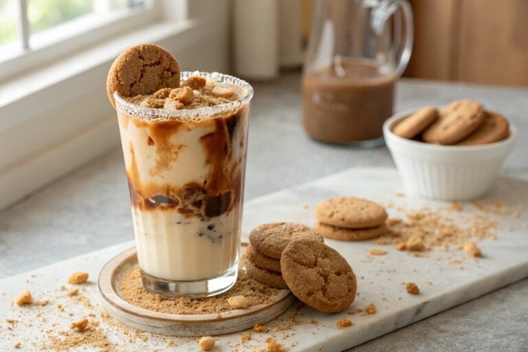 teddy graham latte on styled wooden board