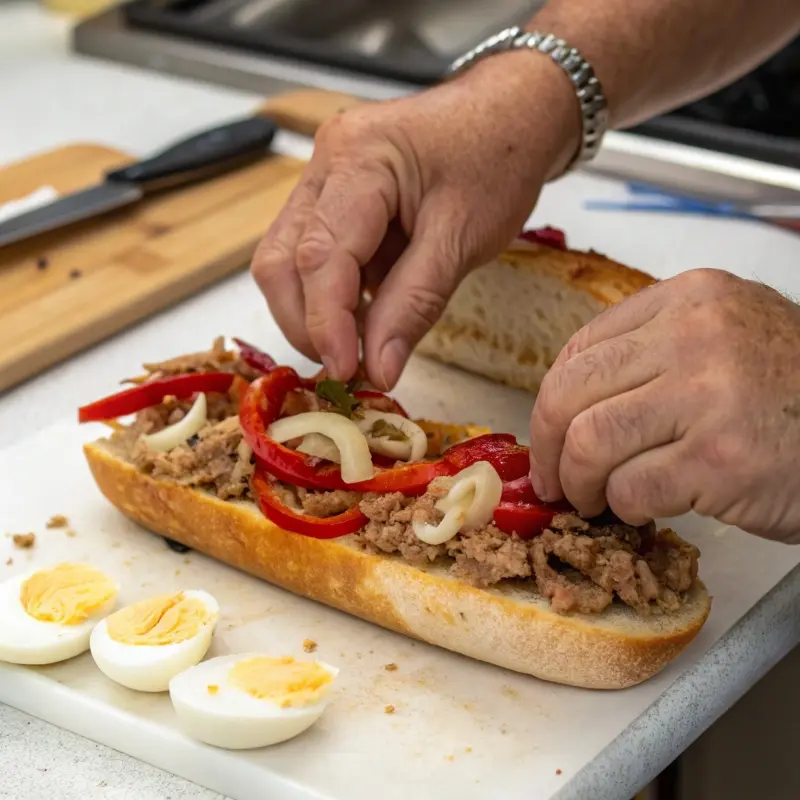 assembling buona beef tuna genovese sandwich