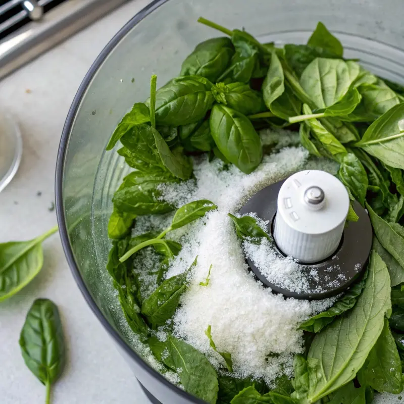 Basil and salt being blended for Homemade Basil Salt yid