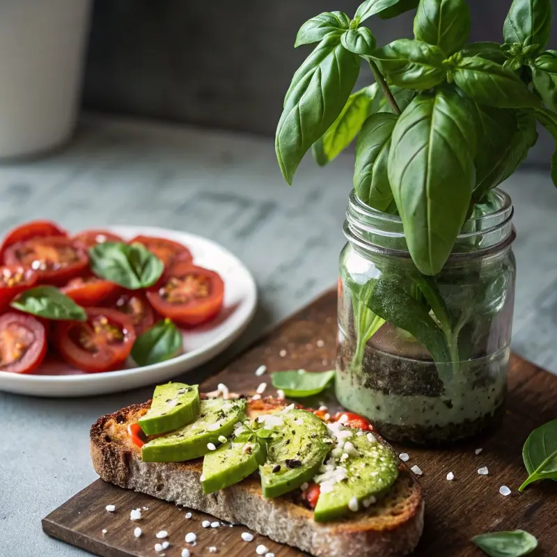 Basil salt on avocado toast and tomato