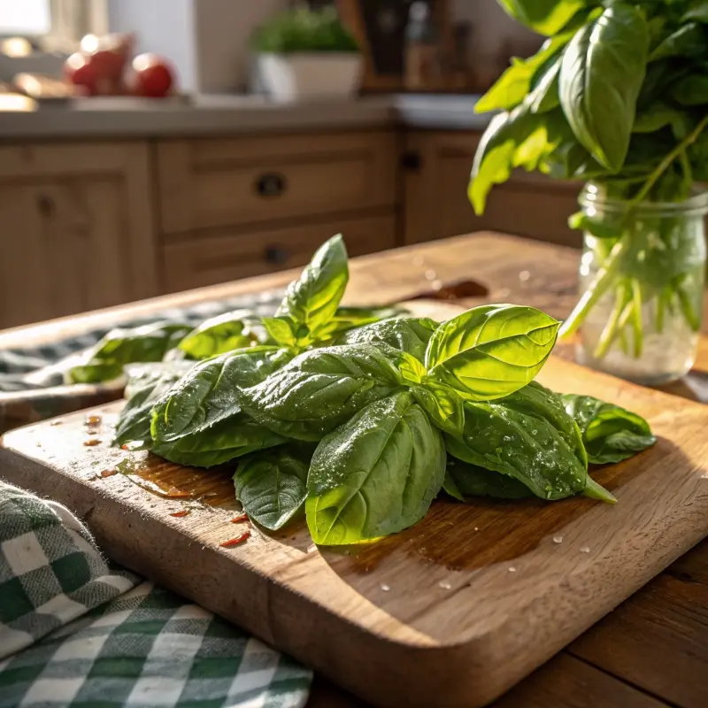 Fresh basil leaves in kitchen light for Homemade Basil Salt