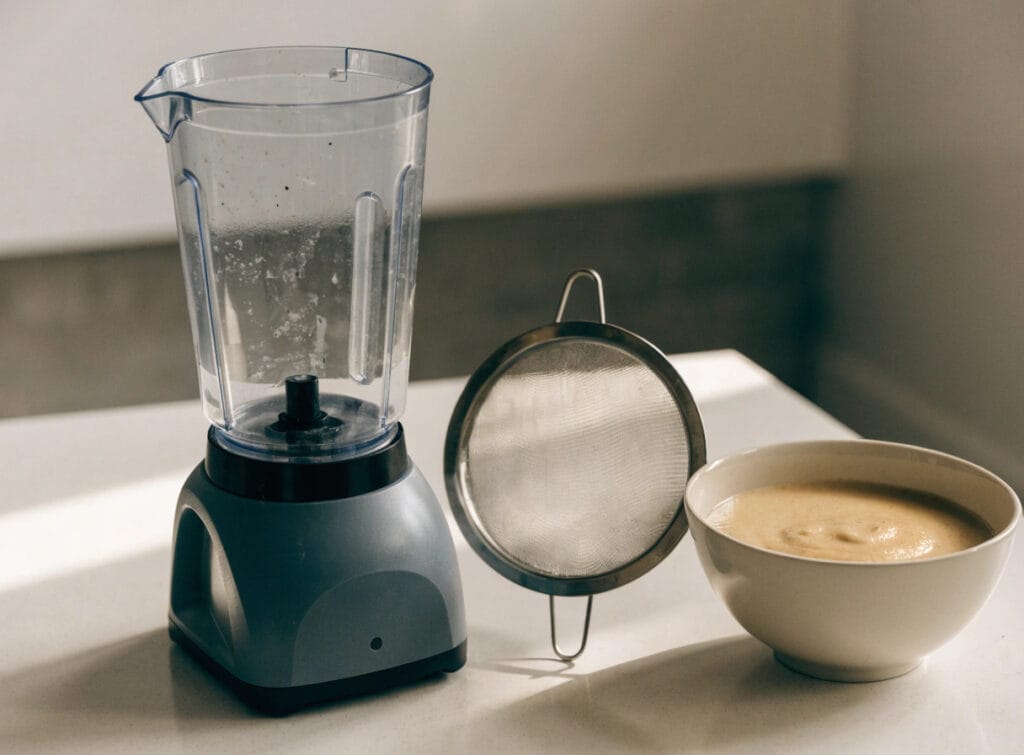 Blending and straining pureed food until smooth