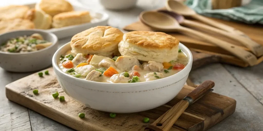 Chicken pot pie in slow cooker served hot