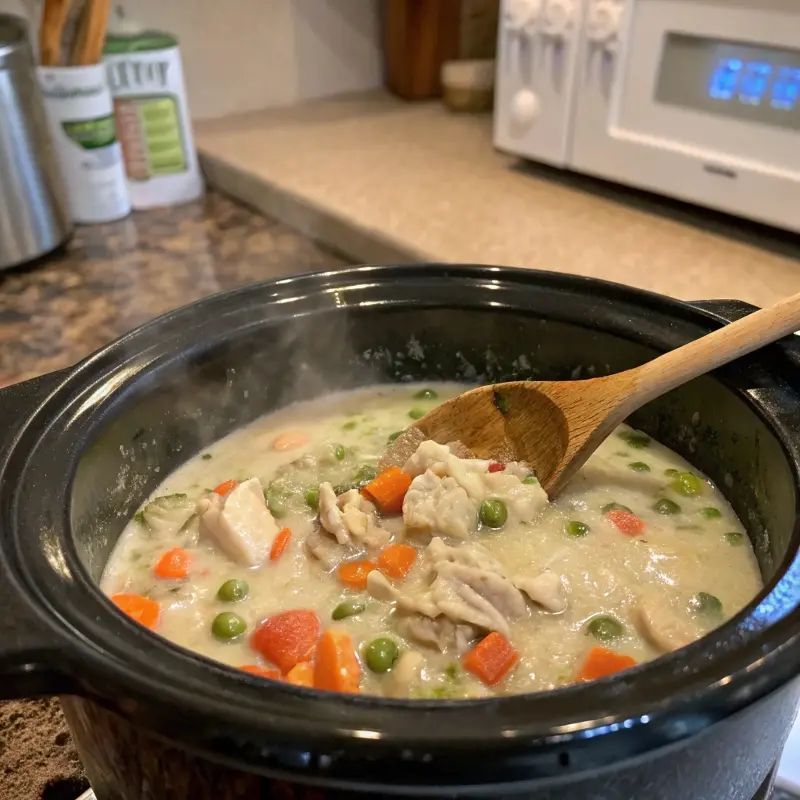 Chicken pot pie filling cooking in slow cooker