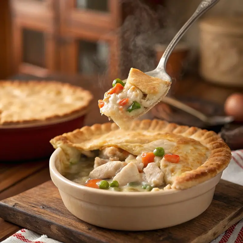 Spoon lifting thickened chicken pot pie filling