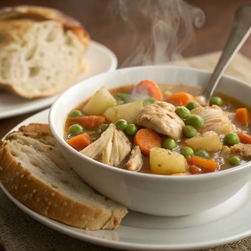 Steaming bowl of chicken stew served with crusty bread