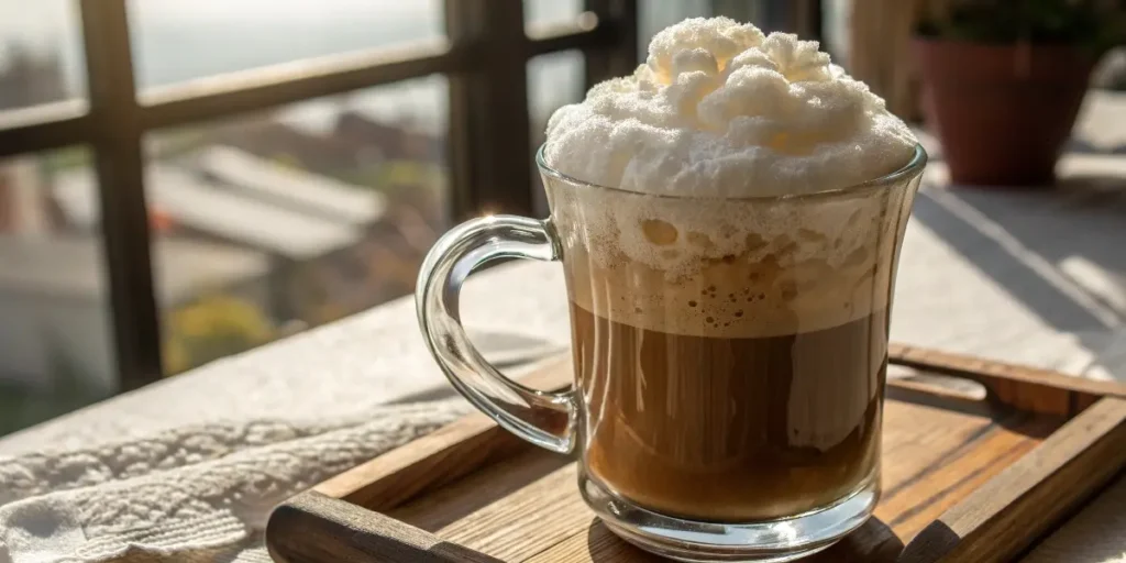 Cloud coffee fluffy foam overflowing a glass mug