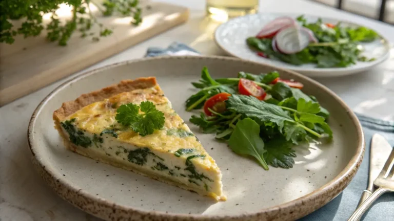 slice of high protein quiche with cottage cheese and spinach