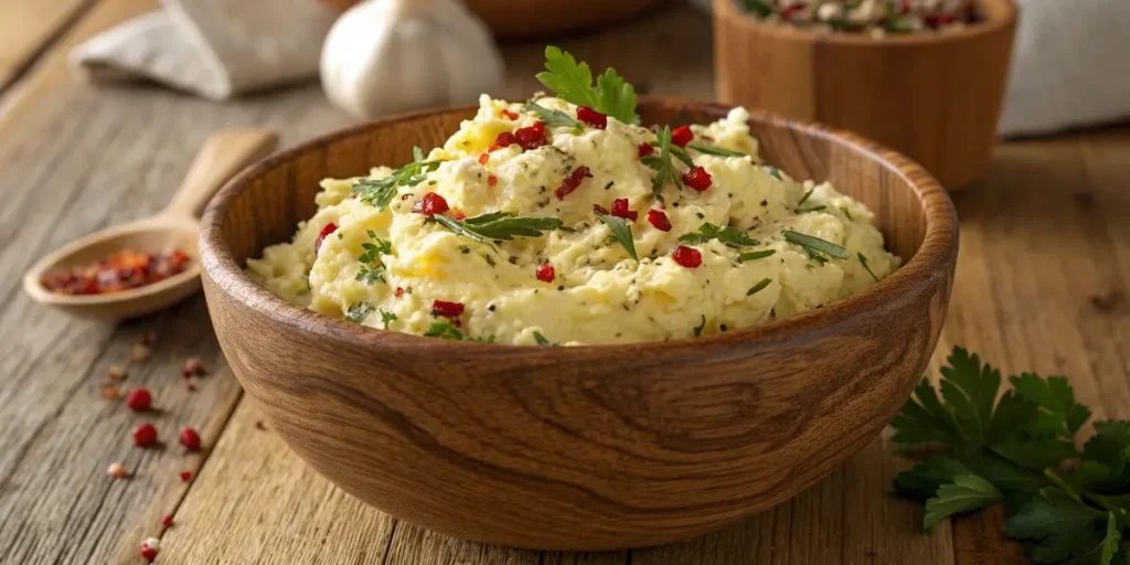 Cowboy butter in a rustic bowl with herbs and garlic