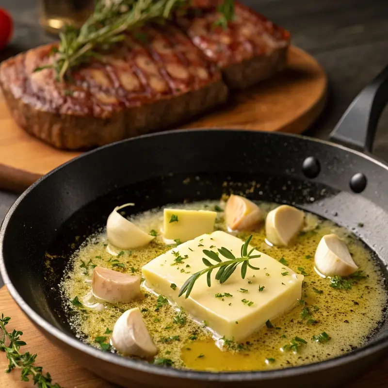 Melted cowboy butter sizzling with garlic in skillet