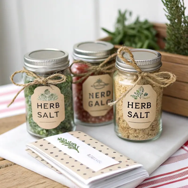 Basil salt gift jars with twine and label