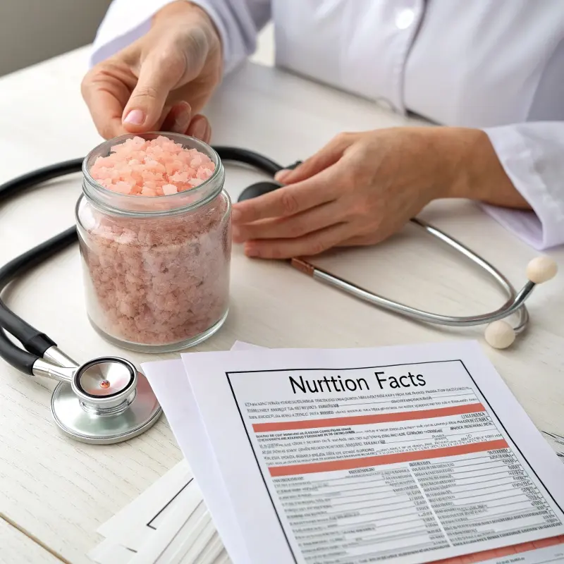 Doctor’s hands holding a jar of pink salt next to a stethoscope and nutrition facts sheet