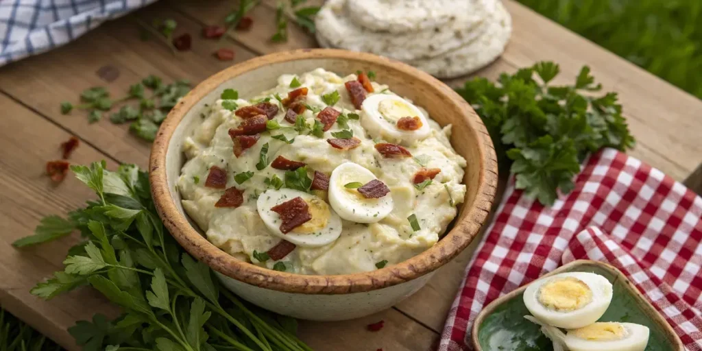 Hellmann’s potato salad recipe in bowl on wooden table