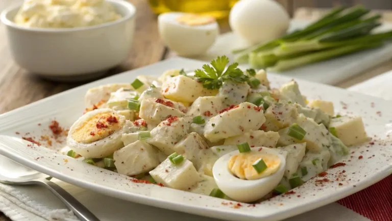 Hellmann’s potato salad recope served on white plate