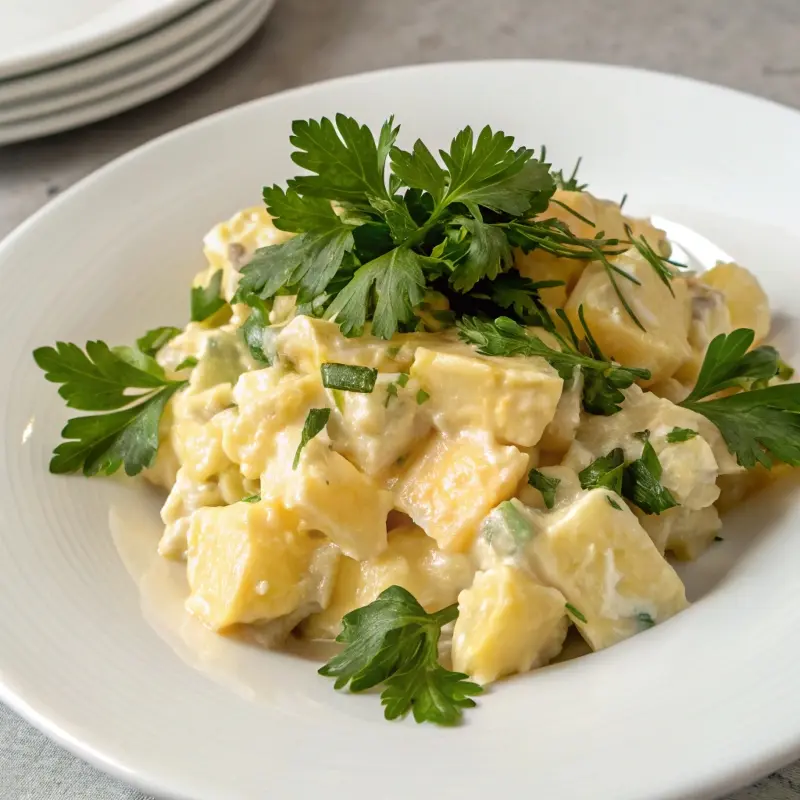 Plated Hellmann’s potato salad with herbs