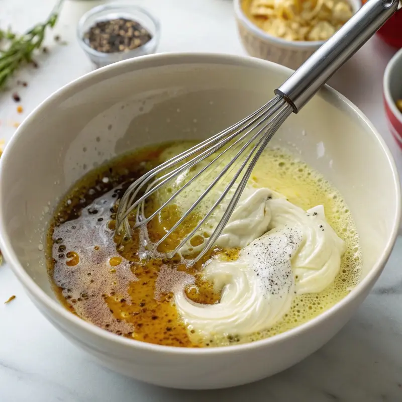 Making creamy mayo dressing for Hellmann’s potato salad recipe