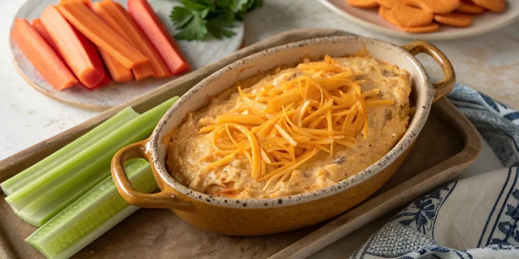 High protein buffalo chicken dip featured