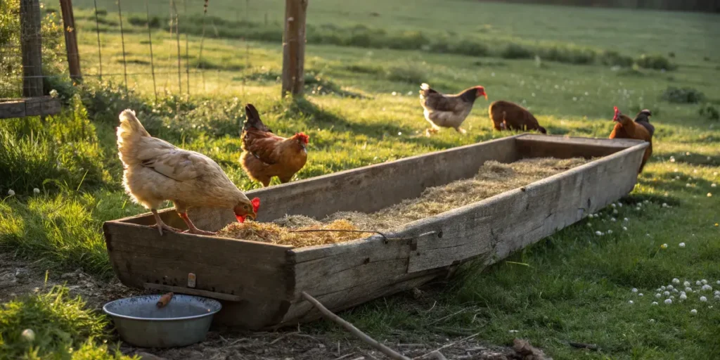 chickens eating high protein chicken feed outdoors