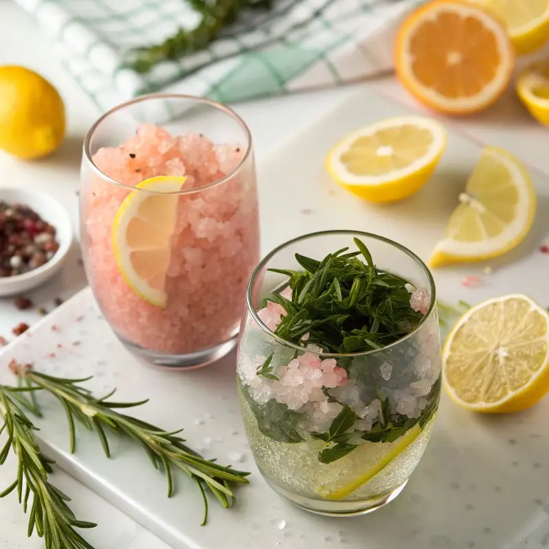 Two glasses side-by-side—one with pink salt and lemon, the other with seaweed and citrus, both on a white countertop with fresh ingredients scattered