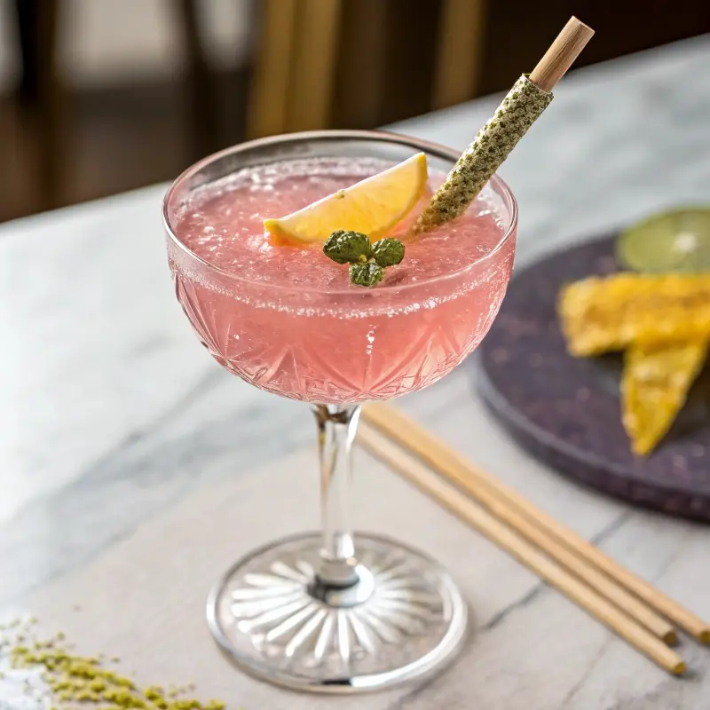 Japanese-style glass of pink salt drink, garnished with yuzu peel and a bamboo stirrer