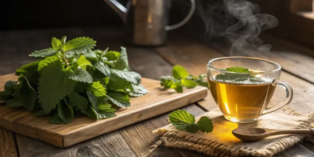 steaming cup of lemon balm tea recipe