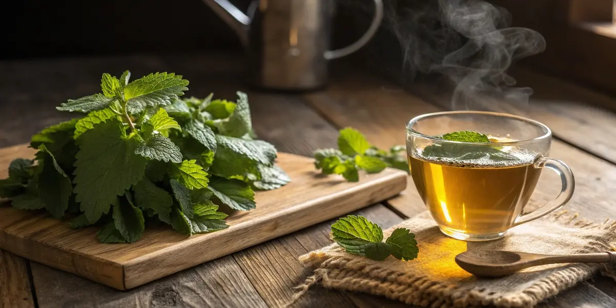 steaming cup of lemon balm tea recipe