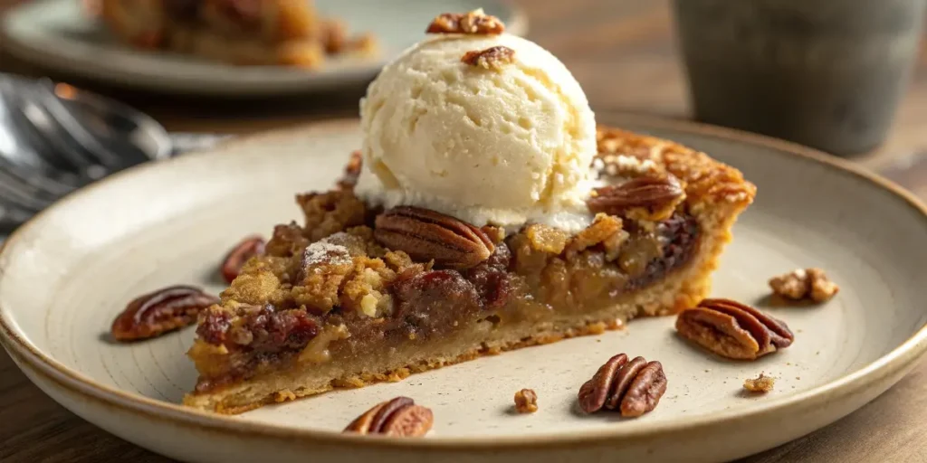 slice of pecan pie dump cake with ice cream