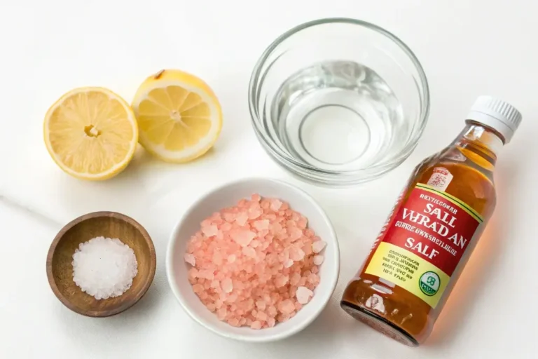 Flat lay of pink salt weight loss recipe ingredients with lemon and ACV