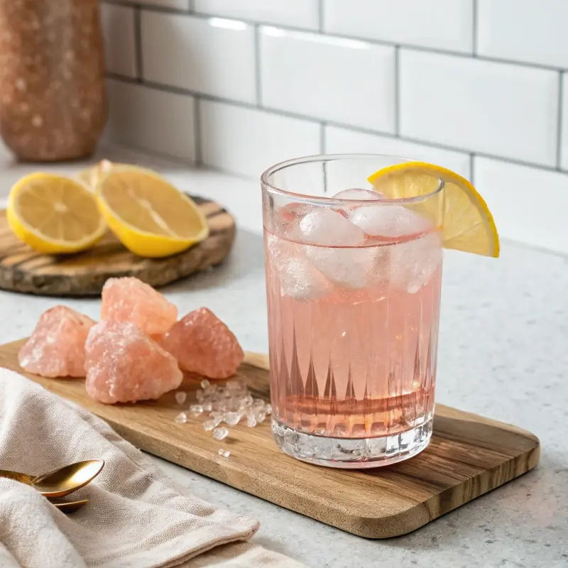 Glass of pink salt water with lemon and Himalayan salt crystals on a kitchen counter