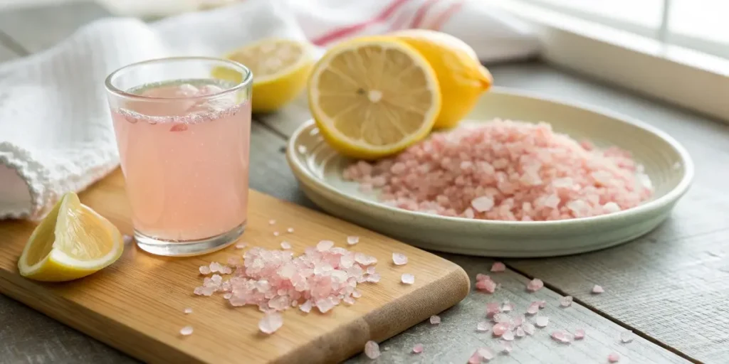 Glass of pink salt weight loss recipe with lemon on wooden counter