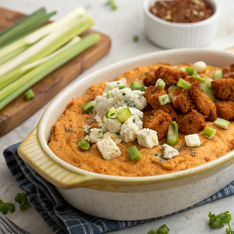 Serving high protein buffalo chicken dip