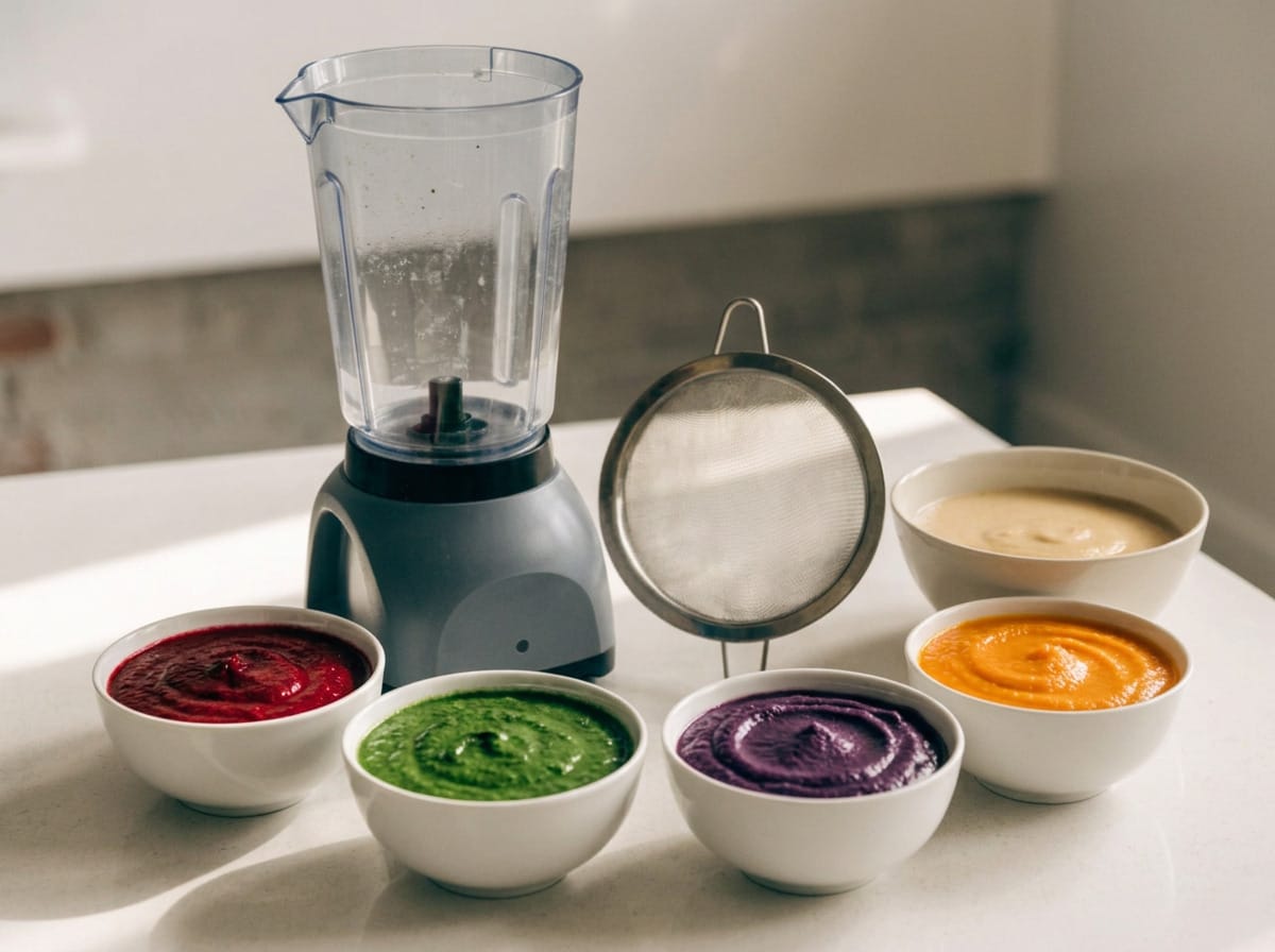 Seven high protein pureed food recipes served in bowls