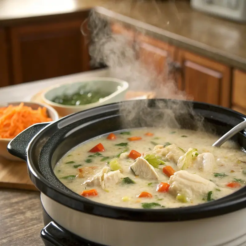 Chicken pot pie soup cooking in crockpot