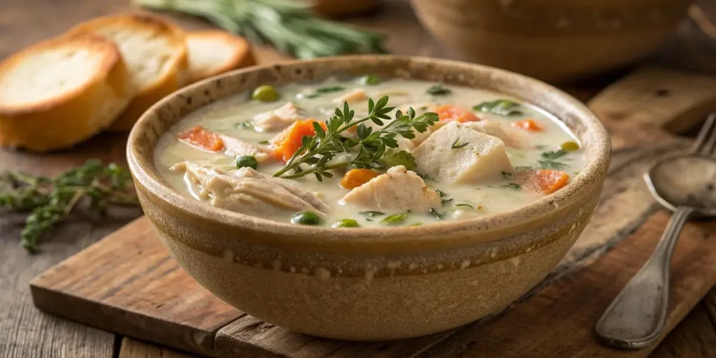 Slow cooker chicken pot pie soup served hot
