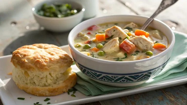 Chicken pot pie soup with biscuit