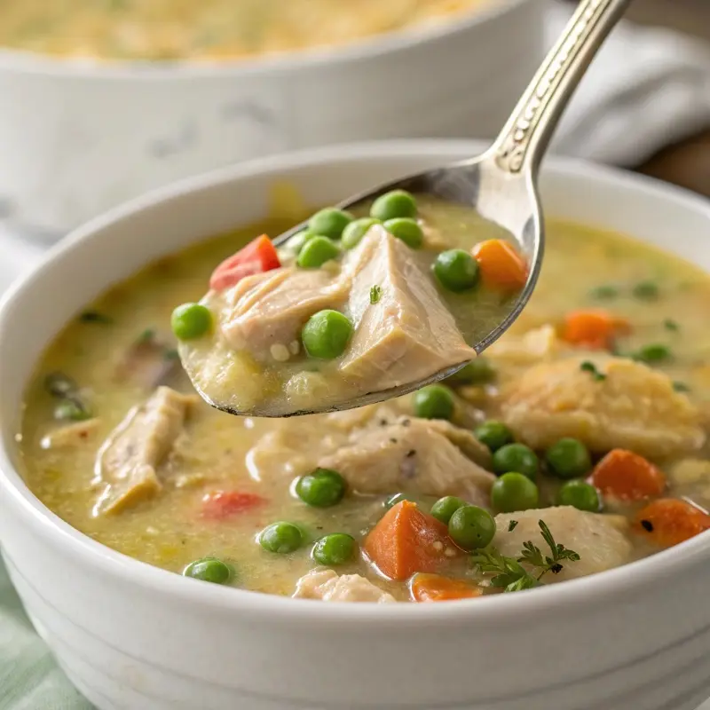 Spoonful of chicken pot pie soup