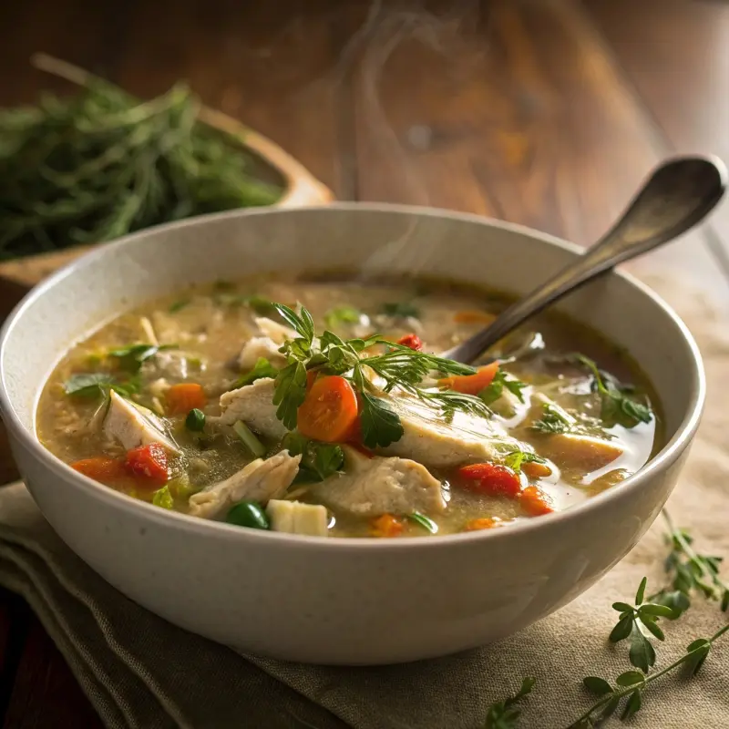 Slow cooker chicken pot pie soup served