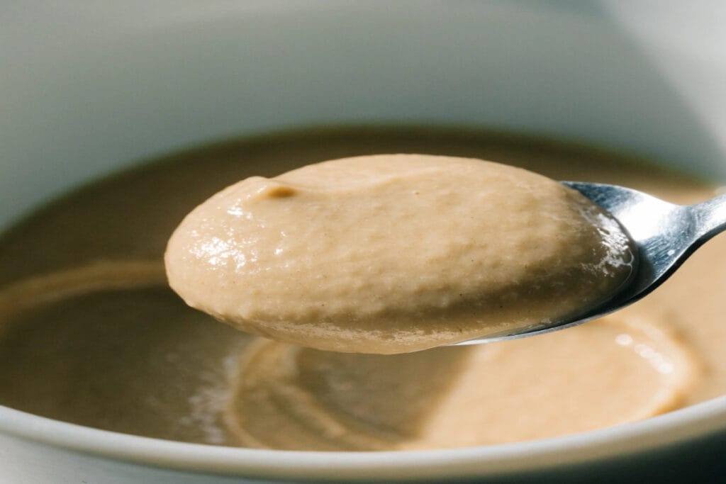 Smooth spoonable texture of a high protein puree