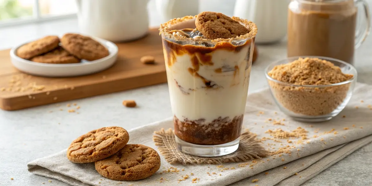 Teddy Graham iced latte with crushed cookie rim