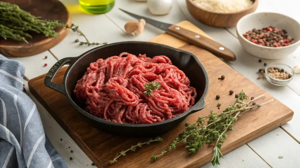 Wagyu ground beef in skillet